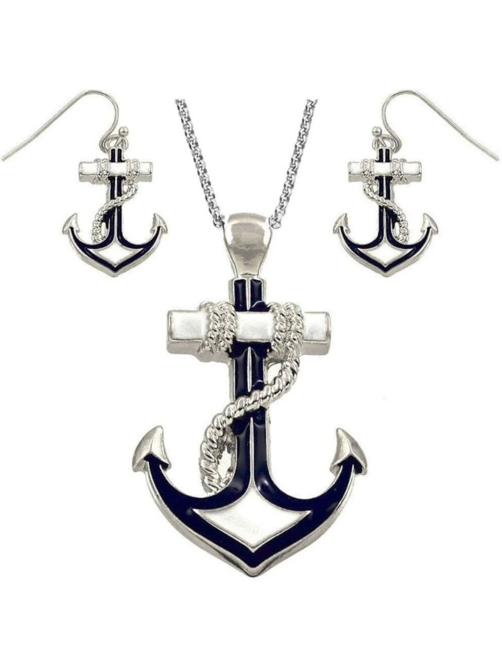 Nautical Anchor Pendant Necklace & Earring Set - Silvertone 24" Chain Jewelry